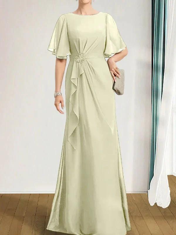 A-line Scoop Floor-Length Chiffon Mother of the Bride Dress With Cascading Ruffles Beading Sequins by Dreamylily