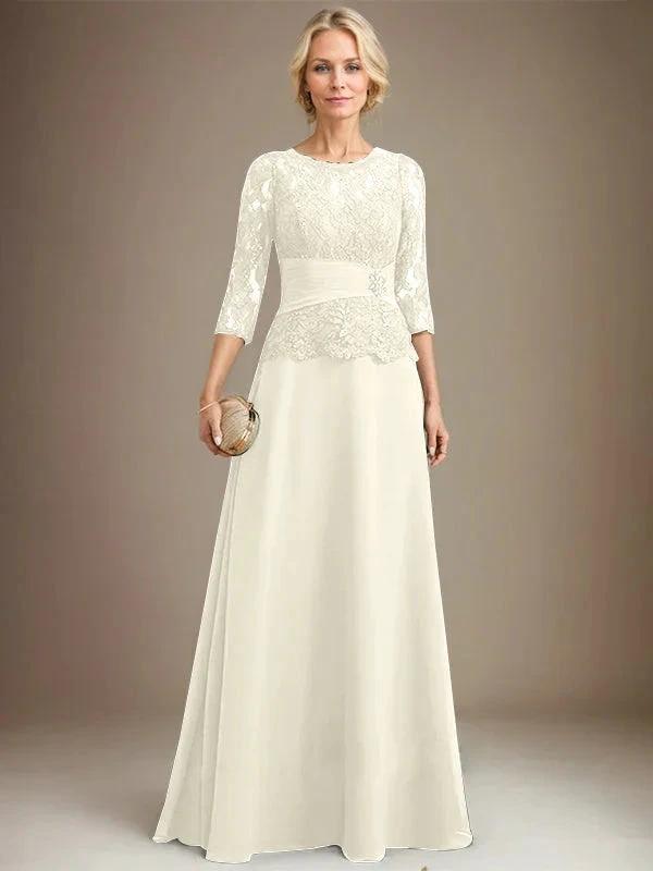 A-line Scoop Illusion Floor-Length Chiffon Lace Mother of the Bride Dress With Pleated Sequins Beading by Dreamylily