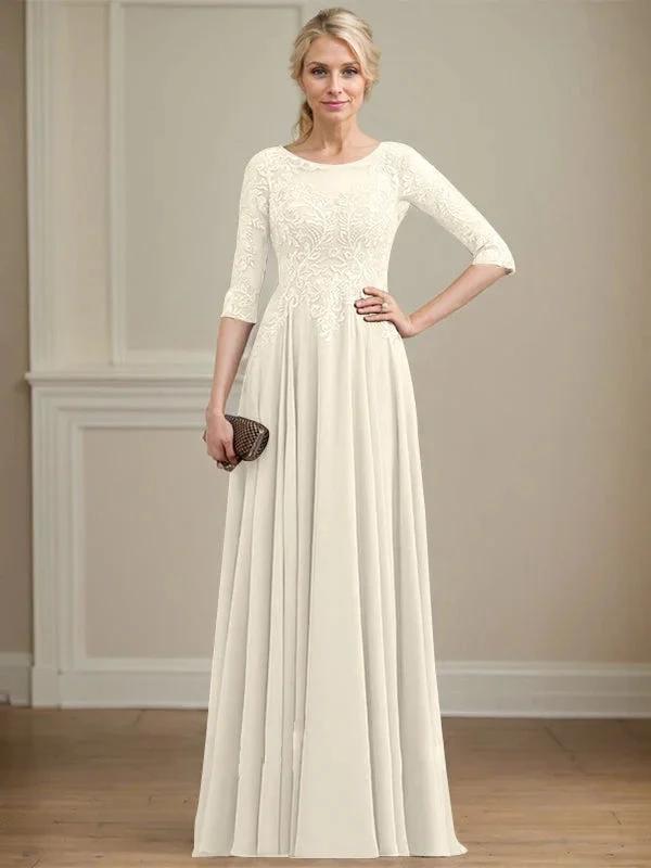 A-line Scoop Illusion Floor-Length Lace Chiffon Mother of the Bride Dress With Sequins by Dreamylily