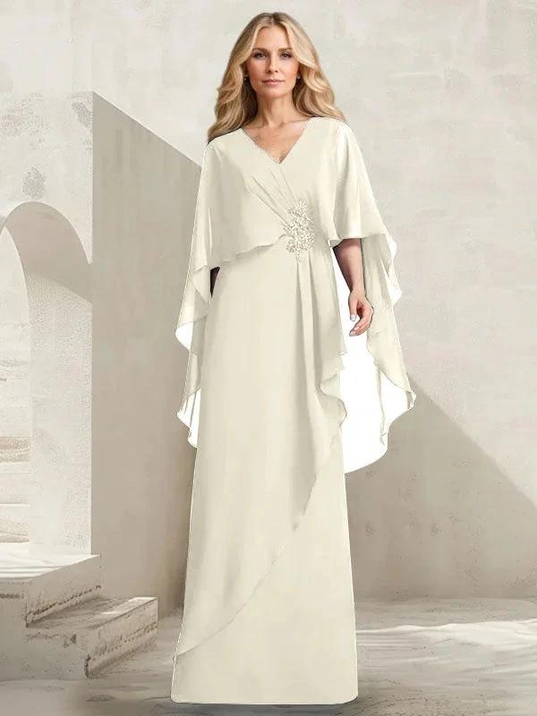 A-line V-Neck Floor-Length Chiffon Mother of the Bride Dress With Cascading Ruffles Beading by Dreamylily
