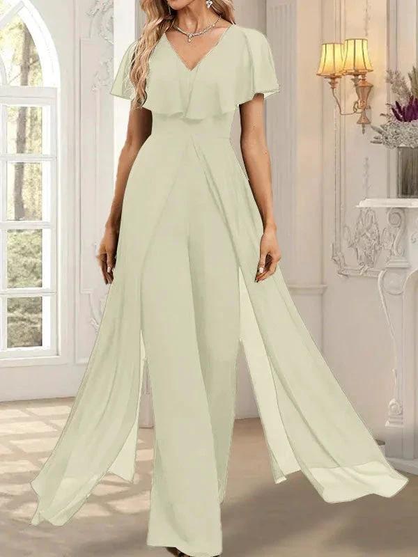 Jumpsuit/Pantsuit V-Neck Floor-Length Chiffon Evening Dress by Dreamylily