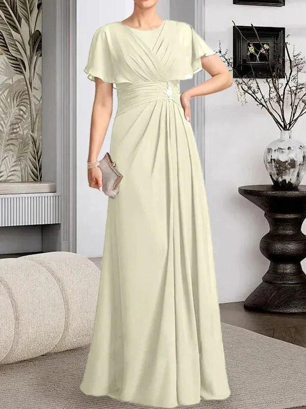 A-line Scoop Floor-Length Chiffon Mother of the Bride Dress With Pleated Beading by Dreamylily