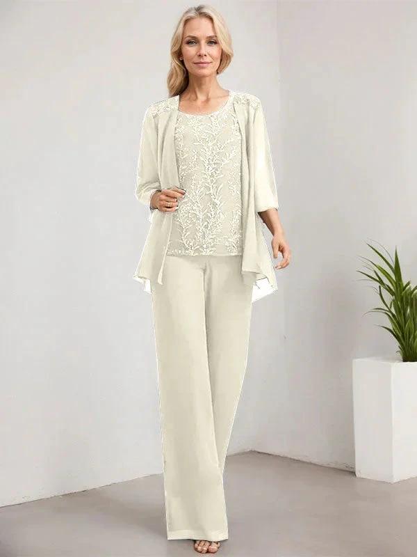 Separates Jumpsuit/Pantsuit Scoop Floor-Length Lace Chiffon Mother of the Bride Dress With Sequins by Dreamylily