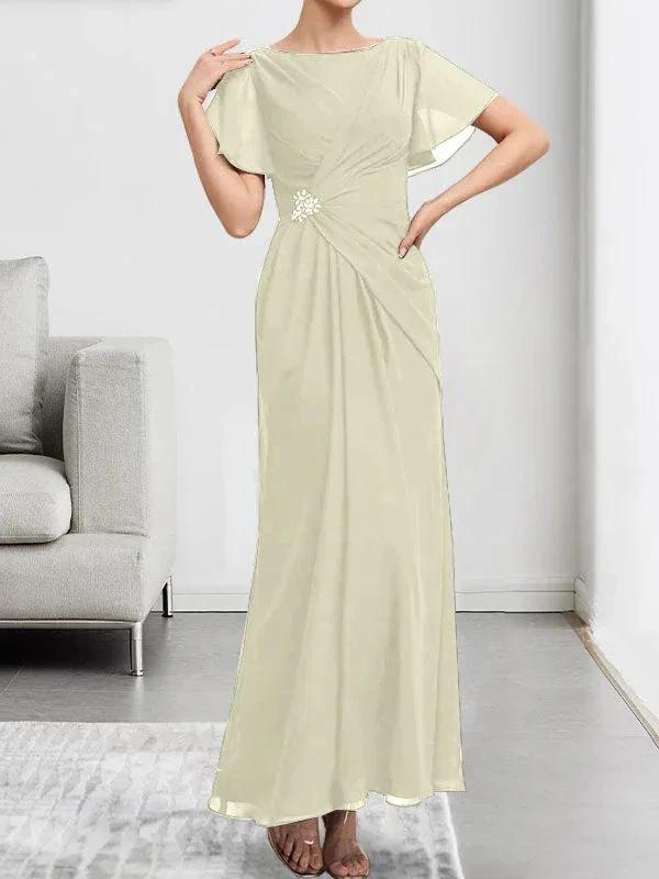 A-line Scoop Ankle-Length Chiffon Mother of the Bride Dress With Beading Pleated by Dreamylily