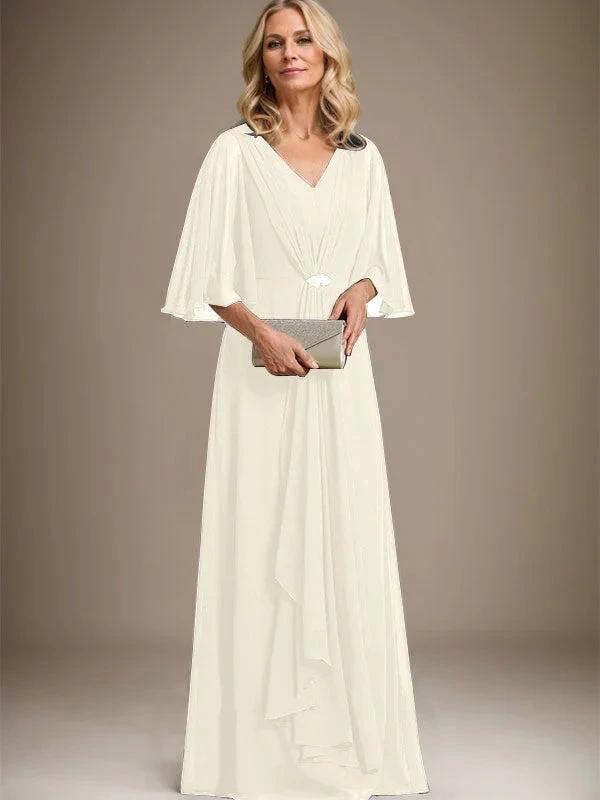 A-line V-Neck Floor-Length Chiffon Mother of the Bride Dress With Cascading Ruffles Crystal Brooch by Dreamylily