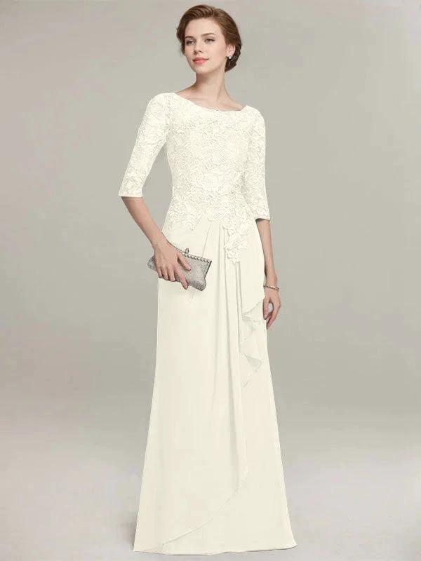 A-line Scoop Illusion Floor-Length Lace Chiffon Mother of the Bride Dress With Cascading Ruffles by Dreamylily