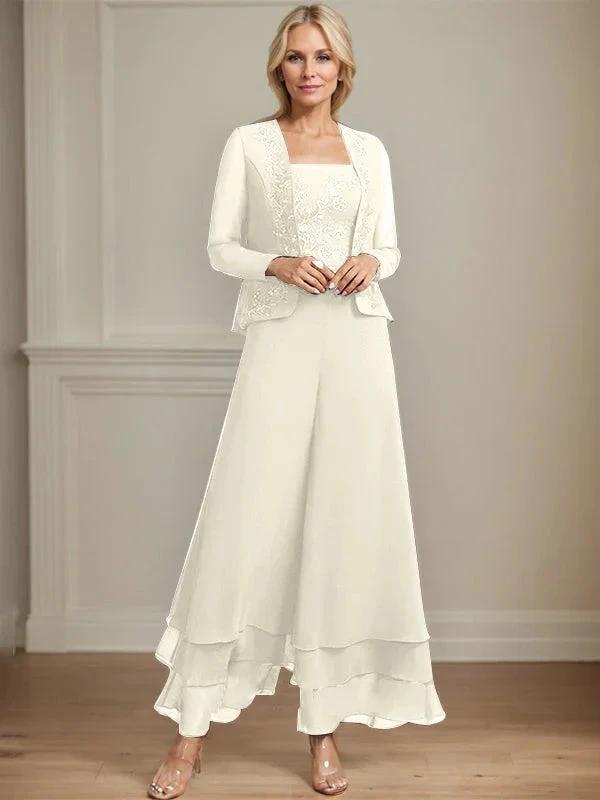 Separates Jumpsuit/Pantsuit Square Ankle-Length Lace Chiffon Mother of the Bride Dress With Sequins by Dreamylily