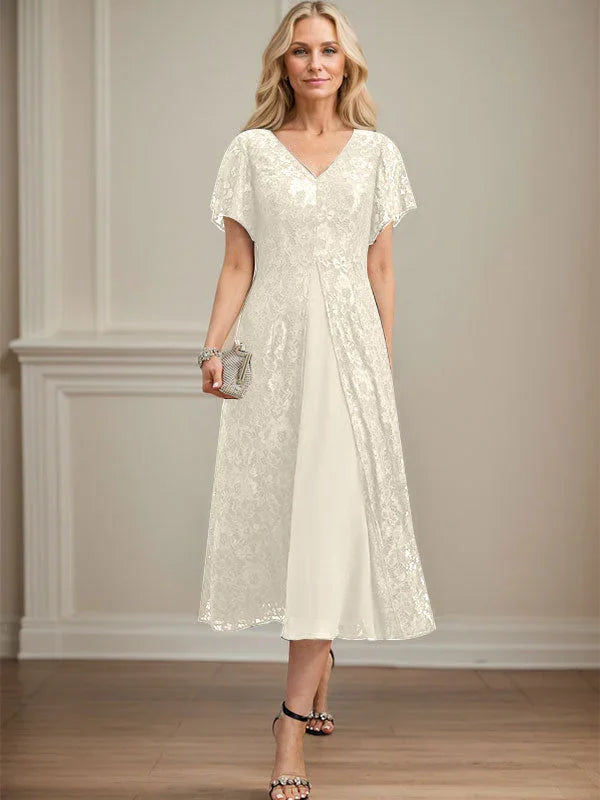 A-line V-Neck Tea-Length Lace Chiffon Mother of the Bride Dress by Dreamylily