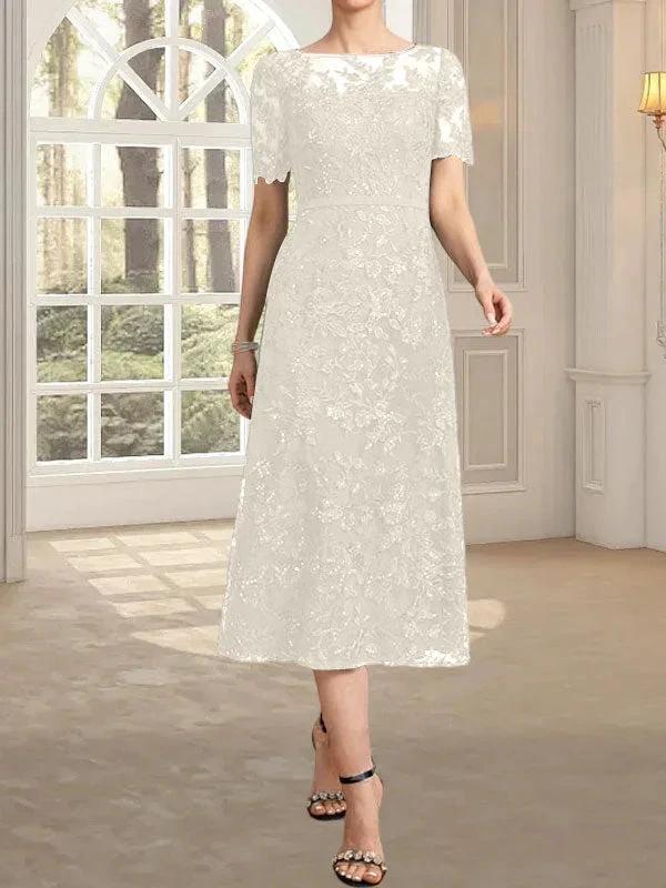 A-line Scoop Illusion Tea-Length Lace Mother of the Bride Dress With Sequins by Dreamylily
