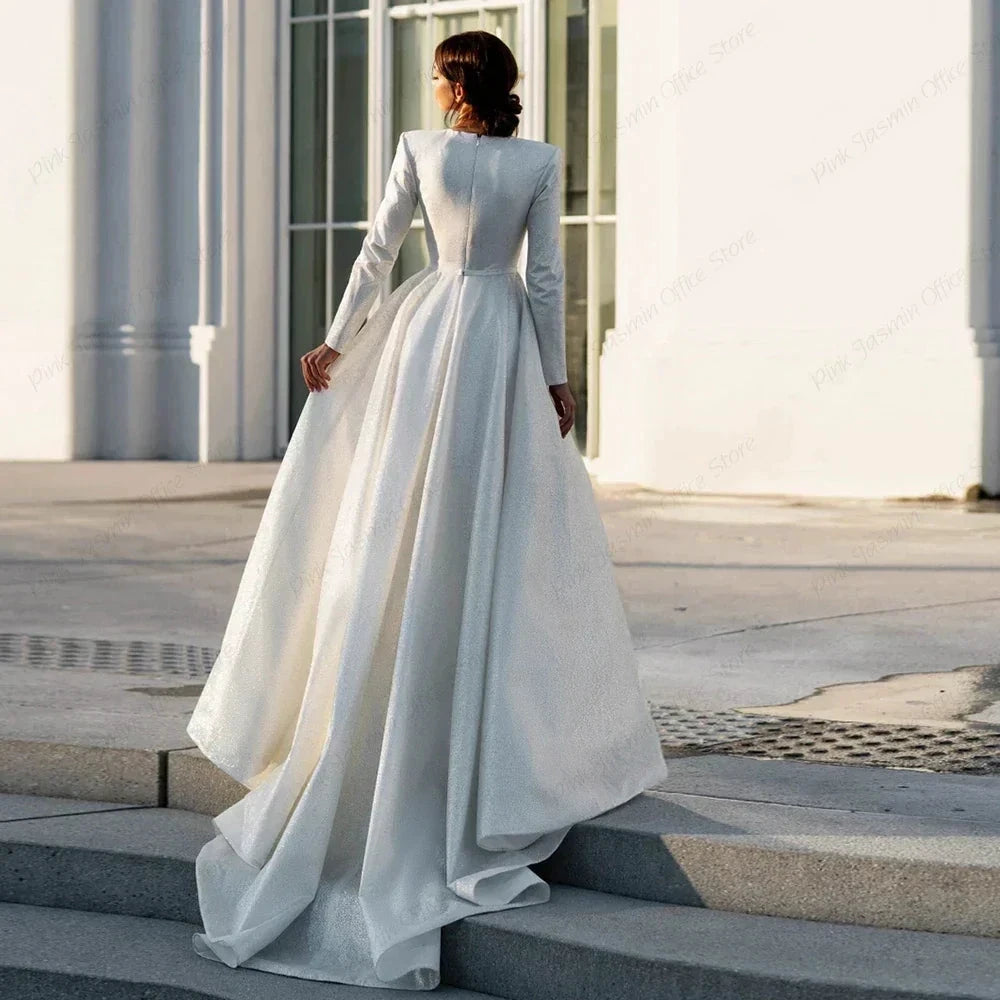 Ivory V Neck Full Sleeve Wedding Dresses Empire Stretch Satin Prom Gowns Zipper Back Summer New Luxury Vestidos De Novia by payinti