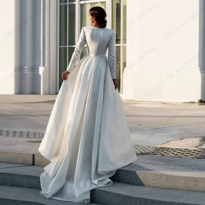 Ivory V Neck Full Sleeve Wedding Dresses Empire Stretch Satin Prom Gowns Zipper Back Summer New Luxury Vestidos De Novia by payinti