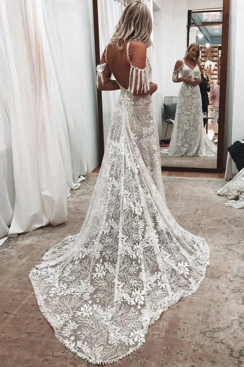 Ivory Bohemian Scoop Neckline Backless Beach Wedding Dress WD676 by pgmdress