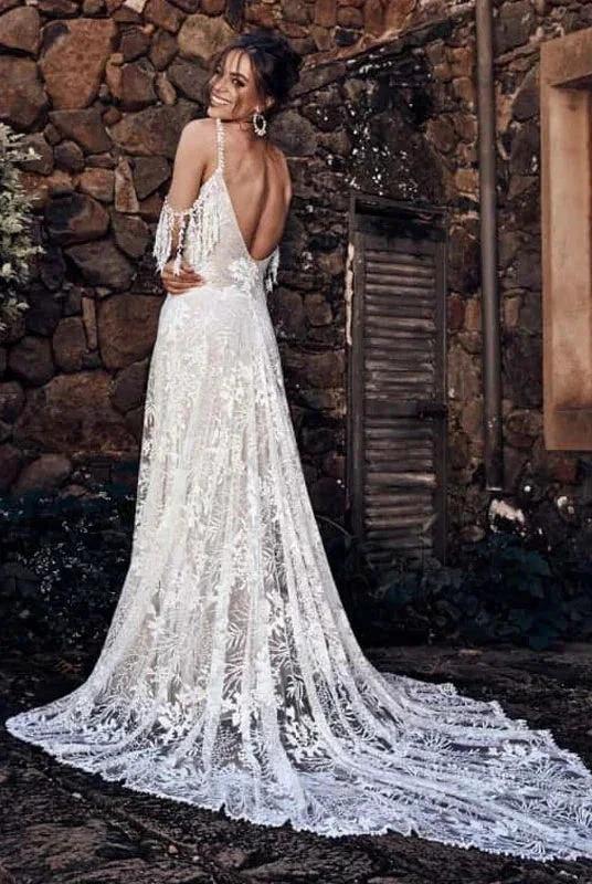 Ivory Bohemian Scoop Neckline Backless Beach Wedding Dress WD676 by pgmdress
