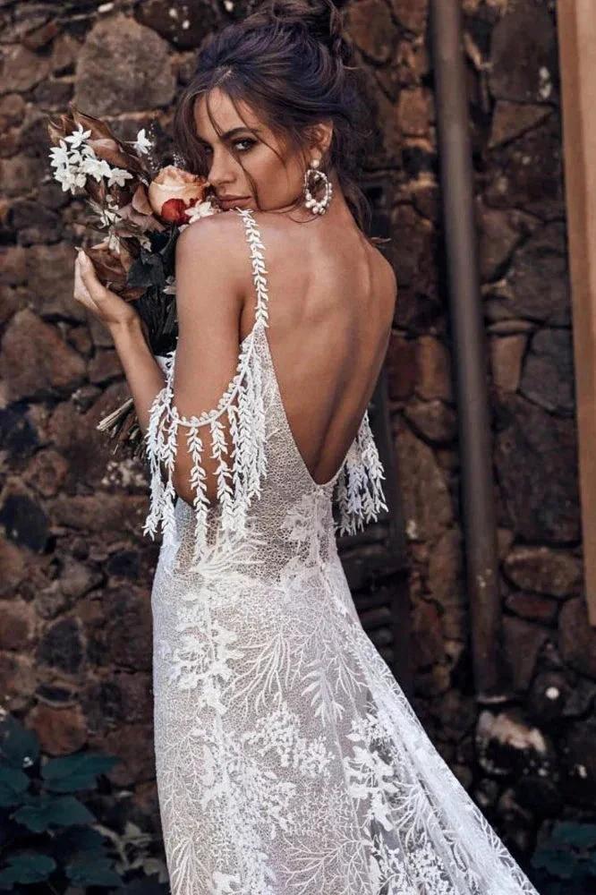 Ivory Bohemian Scoop Neckline Backless Beach Wedding Dress WD676 by pgmdress