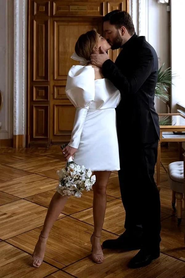 Ivory Puff Sleeves Short Wedding Dress Vintage Wedding Dress WD746 by pgmdress