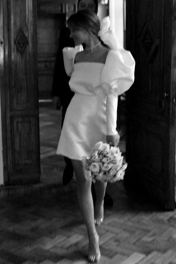 Ivory Puff Sleeves Short Wedding Dress Vintage Wedding Dress WD746 by pgmdress