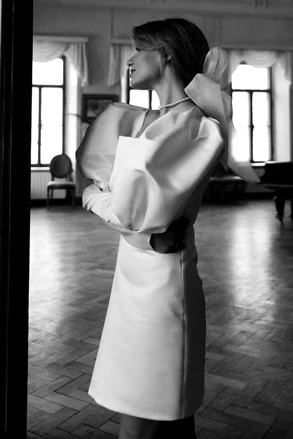 Ivory Puff Sleeves Short Wedding Dress Vintage Wedding Dress WD746 by pgmdress