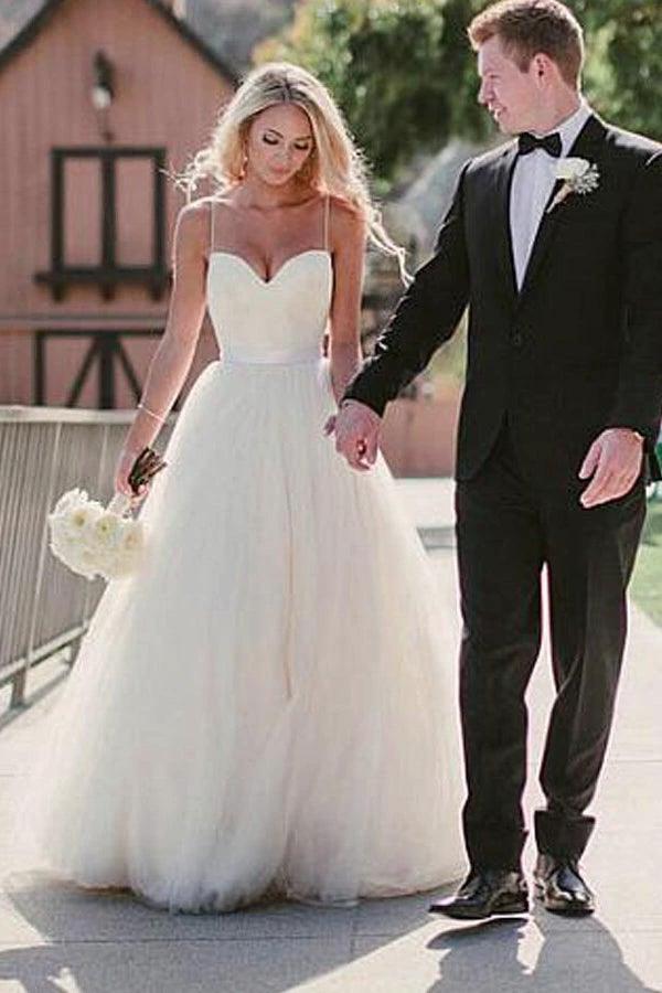 Ivory Tulle Destination Sweetheart Spaghetti Strap Wedding Dress WD082 by pgmdress