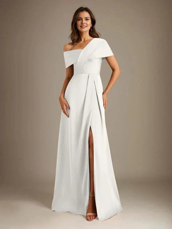 A-Line Asymmetrical Neckline Floor-Length Satin Mother of the Bride Dress With Pleated by Dreamylily