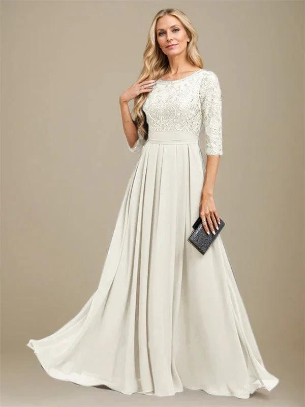 A-Line Scoop Floor-Length Lace Chiffon Mother Of the Bride Dress With Sequins Applique by Dreamylily
