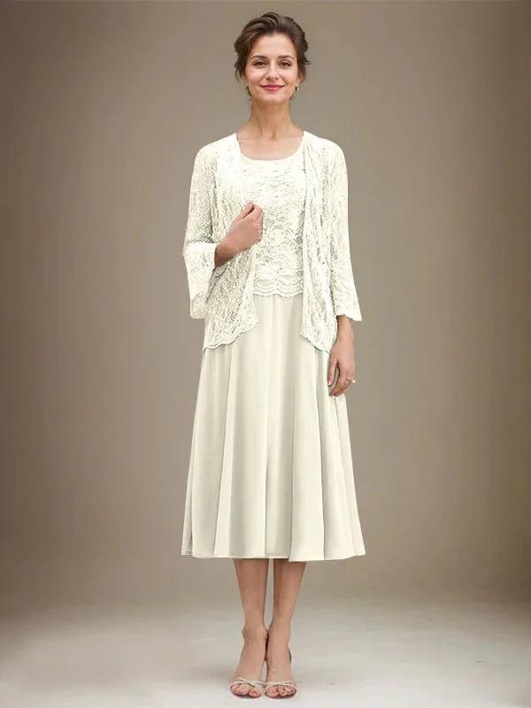 A-line Scoop Tea-Length Lace Chiffon Mother of the Bride Dress With Sequins by Dreamylily