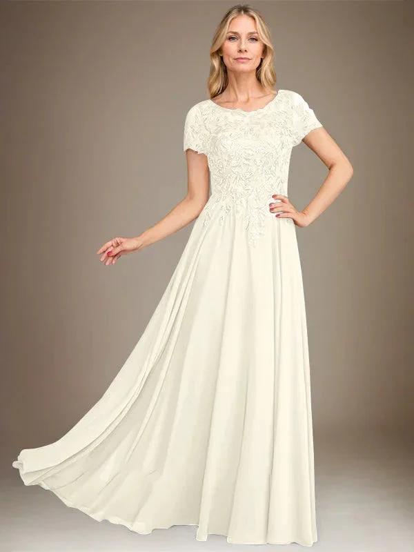 A-Line Scoop Floor-Length Chiffon Mother of the Bride Dress With Applique &amp; Sequins by Dreamylily