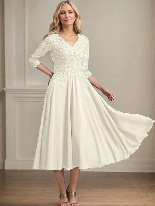 A-line V-Neck Tea-Length Chiffon Lace Mother of the Bride Dress With Beading Sequins by Dreamylily