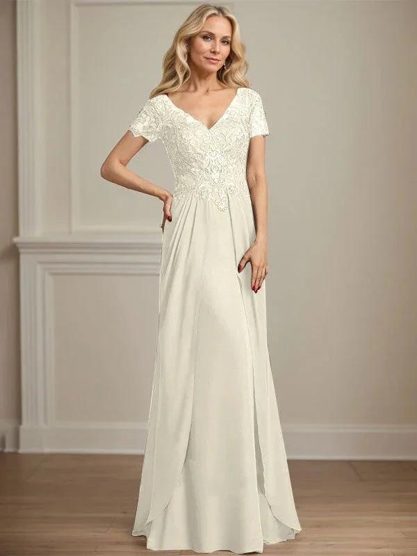 A-line V-Neck Floor-Length Chiffon Lace Mother of the Bride Dress by Dreamylily