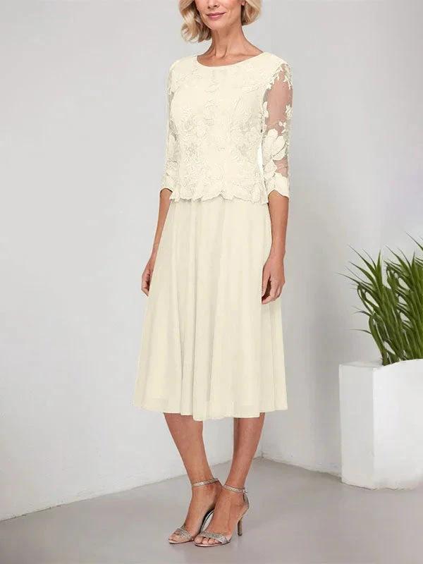 A-line Scoop Tea-Length Lace Chiffon Mother of the Bride Dress With Embroidery by Dreamylily