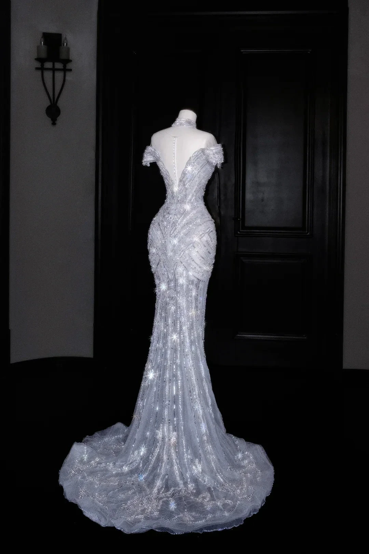 Glitter Off The SHoulder Tulle Sequin Beaded Evening Dress,Mermaid Prom Dress Wedding Dress Y8685 by simplepromdress