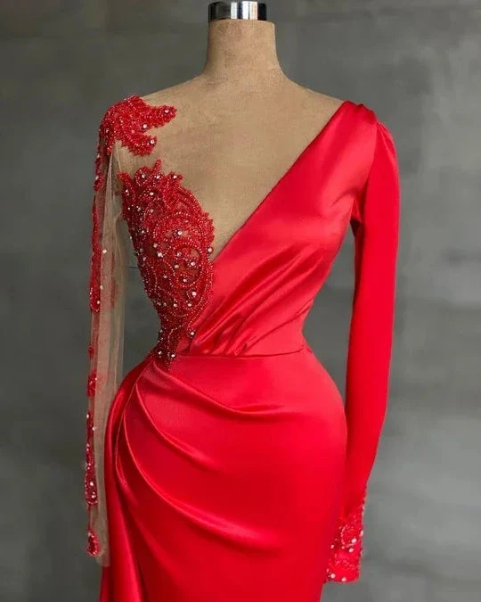Long Red Satin Evening Dresses Sheer Neckline Long Sleeve Beaded African High Slit Women Formal Prom Dress S24678 by simplepromdress