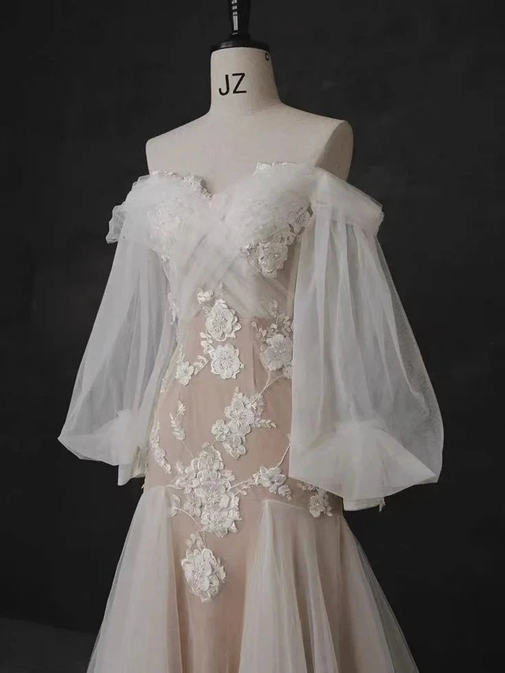 Popular Mermaid Lace Wedding Dresses, Bubble Sleeve Newest Bridal Gowns, Elegant Wedding Dresses Y4484 by simplepromdress