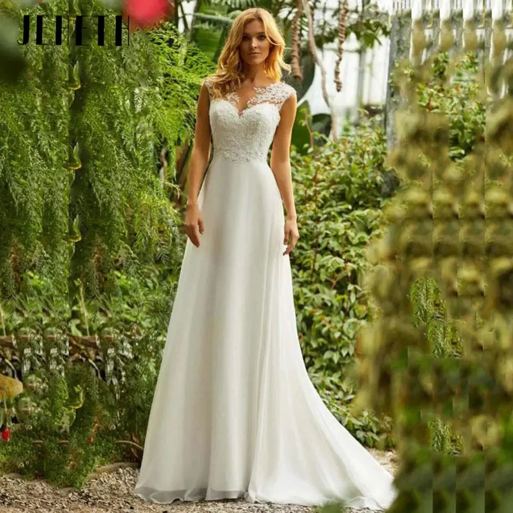 Beach Lace Chiffon Wedding Dress Charming O-Neck Appliques Bridal Gowns A-Line Backless Sleeveless Robe De Mariee 2024 by payinti