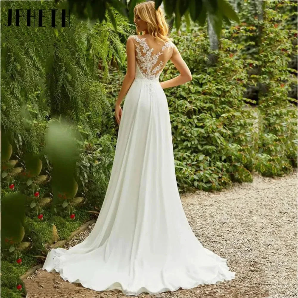 Beach Lace Chiffon Wedding Dress Charming O-Neck Appliques Bridal Gowns A-Line Backless Sleeveless Robe De Mariee 2024 by payinti