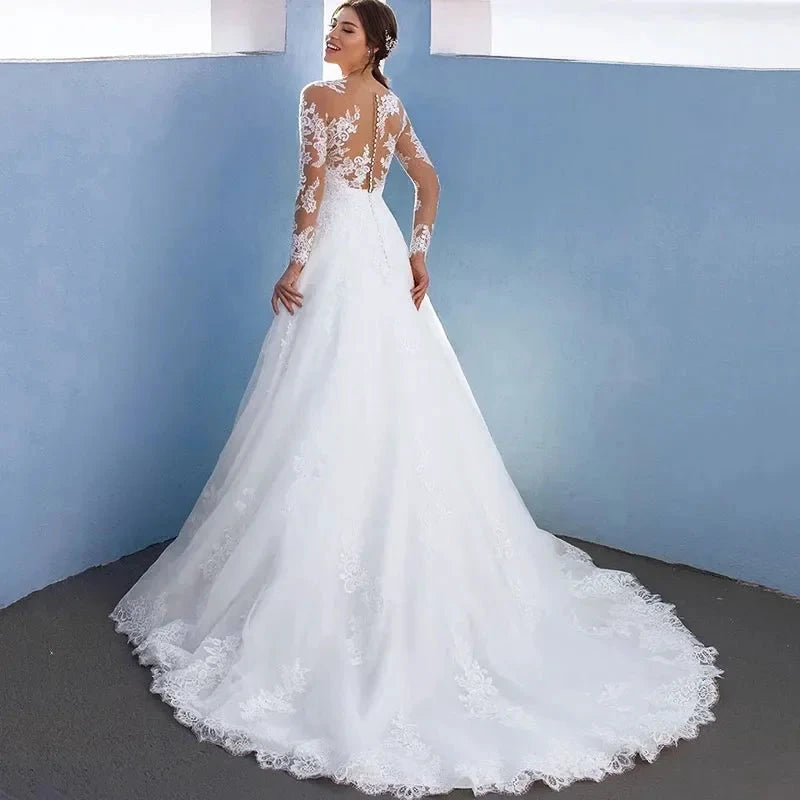 Elegant A-Line Wedding Dresses For Women Long Lace Sleeves With Appliques Bridal Gown Illusion Tulle vestidos de novia by payinti