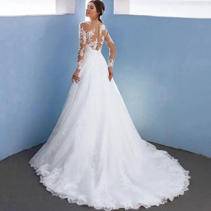 Elegant A-Line Wedding Dresses For Women Long Lace Sleeves With Appliques Bridal Gown Illusion Tulle vestidos de novia by payinti