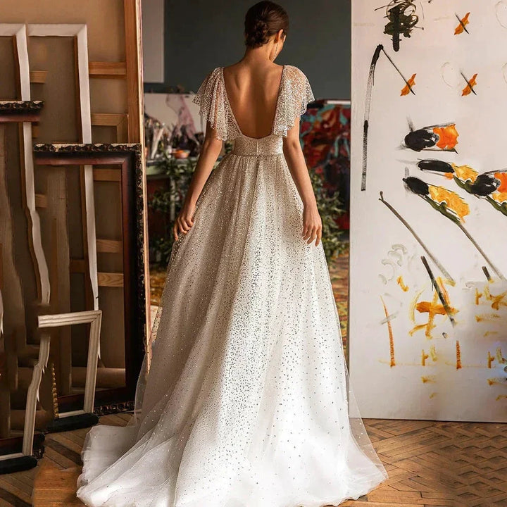 Elegant Glitter Sweetheart Wedding Dresses For Women A-Line Batwing Sleeves Bridal Gown Tulle Backless Robe De Mariée by payinti
