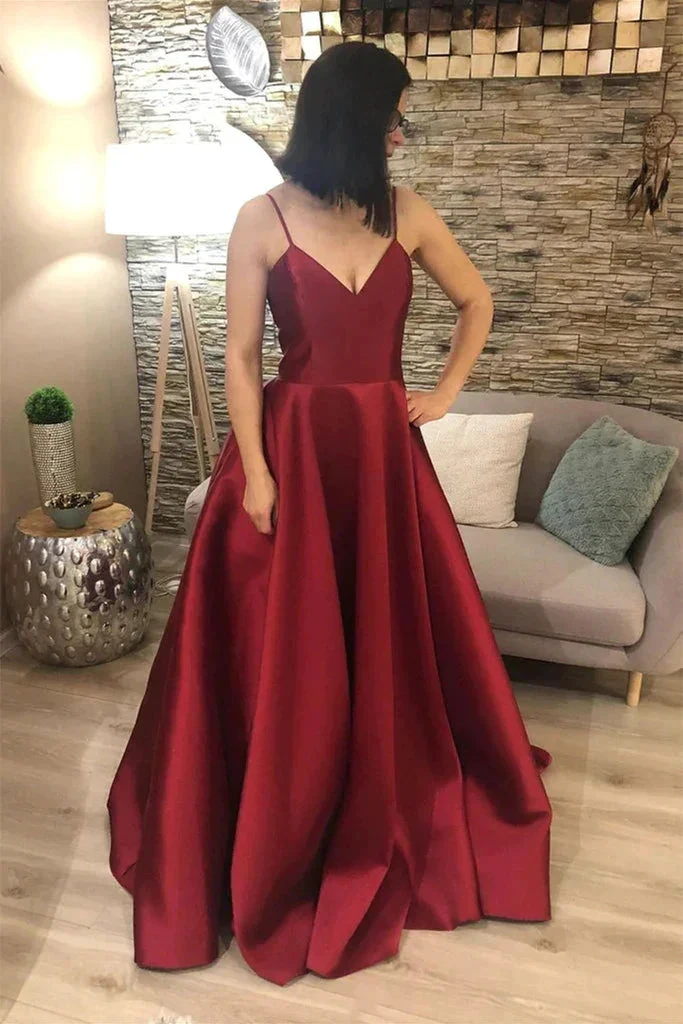 V Neck Open Back Burgundy Satin Long Prom Dress, V Neck Burgundy Formal Graduation Evening Dress Y210 by simplepromdress