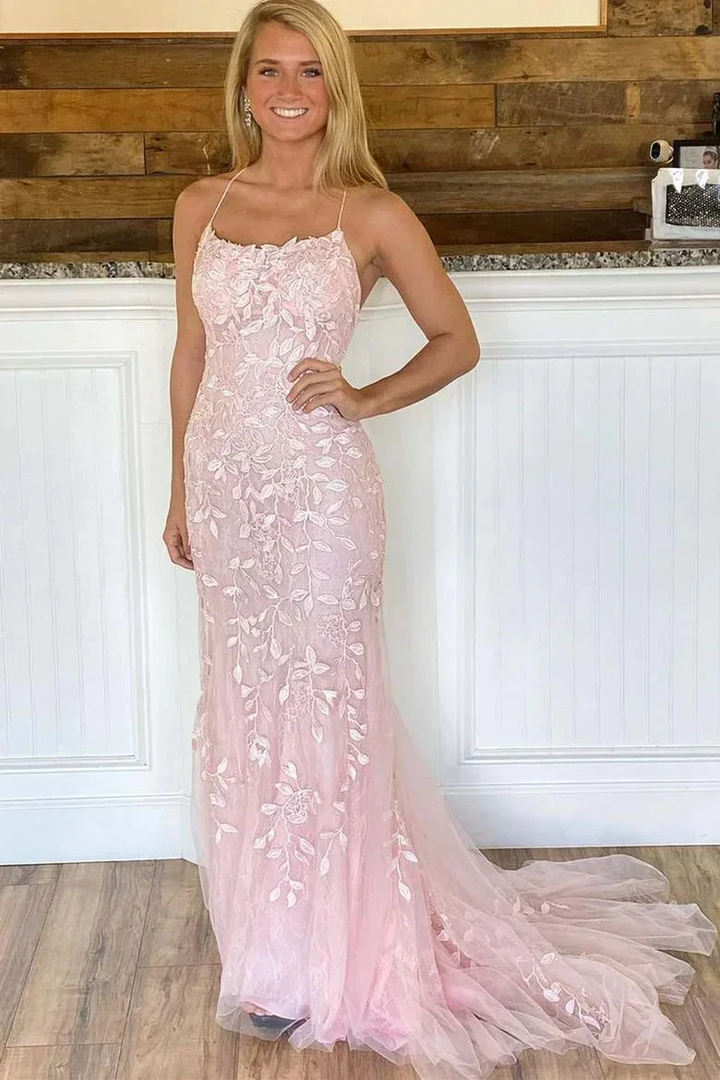 Pink Mermaid Lace Tulle Prom Dress Lace-up Back Evening Dress Y2902 by simplepromdress