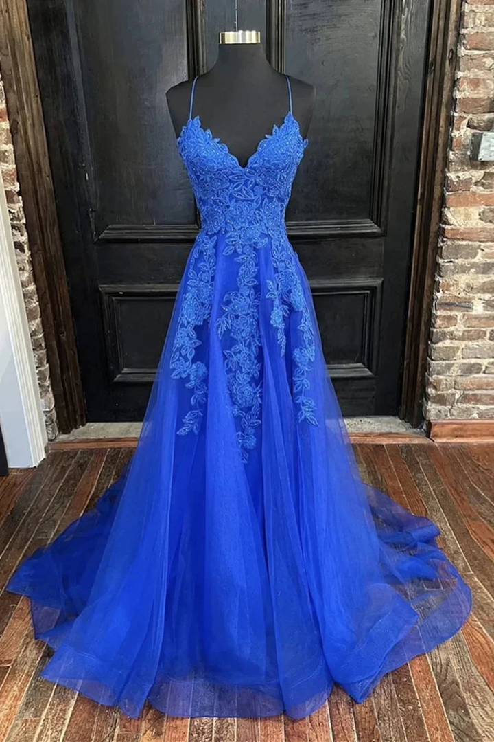 A Line V Neck Blue Tulle Lace Long Prom Dresses, V Neck Blue Formal Dresses, Blue Lace Evening Dresses Y1268 by simplepromdress