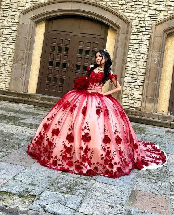 Custom Made 3D Flower Red Lace Quinceanera Dresses Off the Shoulder Ball Gown Y6956 by simplepromdress