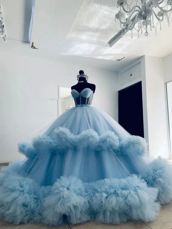 Extra Puffy Ball Dress Blue Ruffled Tulle Sweetheart Ball Gown Y4527 by simplepromdress