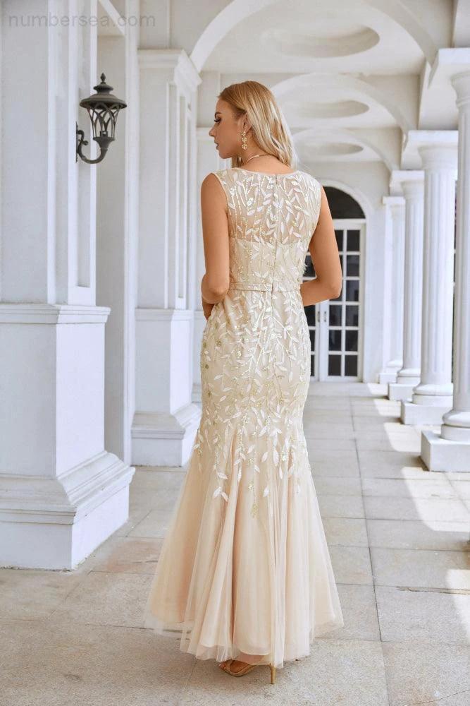 Ladies V Neck Embroidery Sleeveless Floor Length Mermaid Bridesmaid Evening Dress Wedding Party Prom Evening Dress SY28110 by numbersea