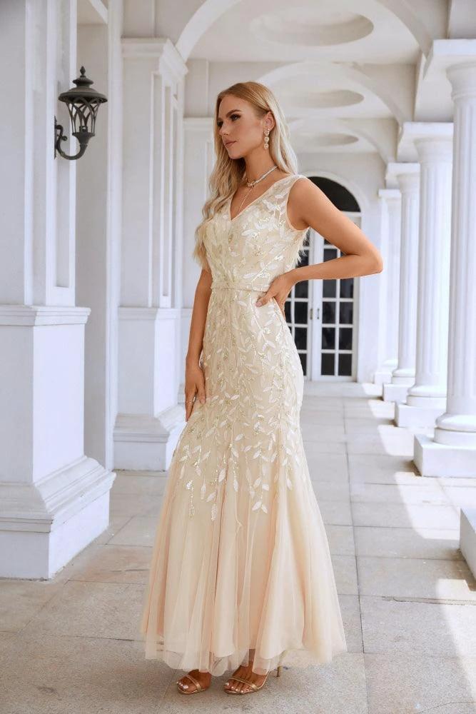 Ladies V Neck Embroidery Sleeveless Floor Length Mermaid Bridesmaid Evening Dress Wedding Party Prom Evening Dress SY28110 by numbersea