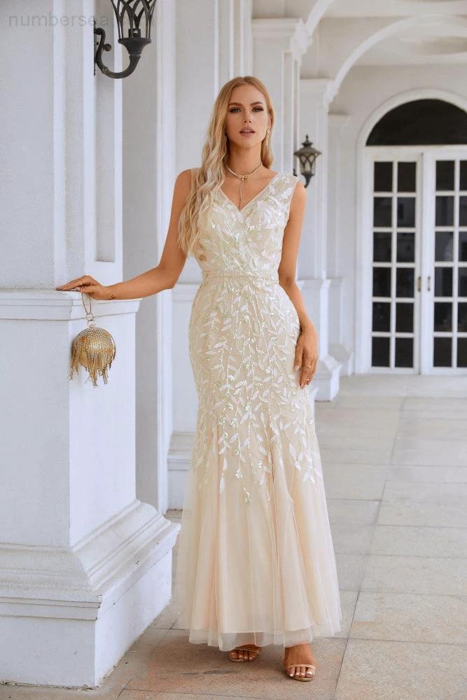 Ladies V Neck Embroidery Sleeveless Floor Length Mermaid Bridesmaid Evening Dress Wedding Party Prom Evening Dress SY28110 by numbersea