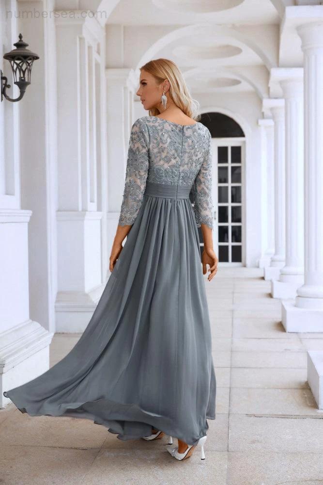 Ladies Round Neck Long Sleeve Lace Chiffon Bridesmaid Evening Dress Prom Wedding Evening Dress SY28114 by numbersea