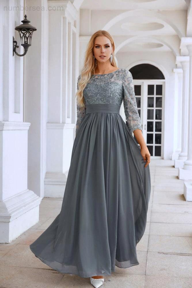 Ladies Round Neck Long Sleeve Lace Chiffon Bridesmaid Evening Dress Prom Wedding Evening Dress SY28114 by numbersea