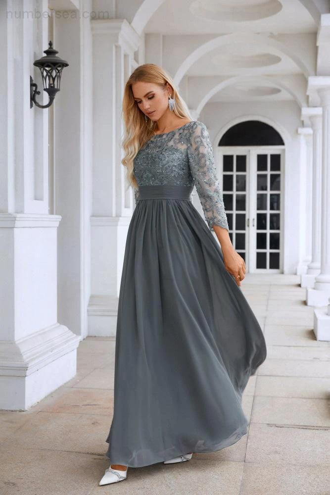 Ladies Round Neck Long Sleeve Lace Chiffon Bridesmaid Evening Dress Prom Wedding Evening Dress SY28114 by numbersea