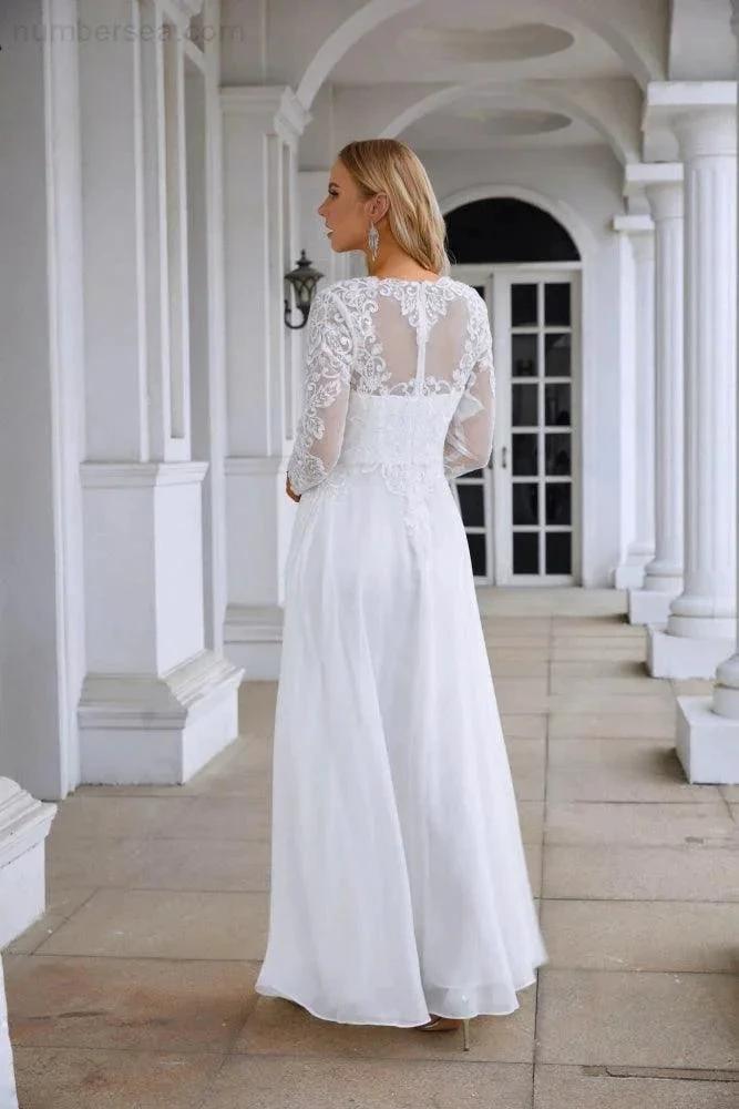 Ladies Round Neck Long Sleeve Front Slit Chiffon Lace Floor Length Bridesmaid Evening Dress Wedding Prom Party Evening Dress 28122 by numbersea
