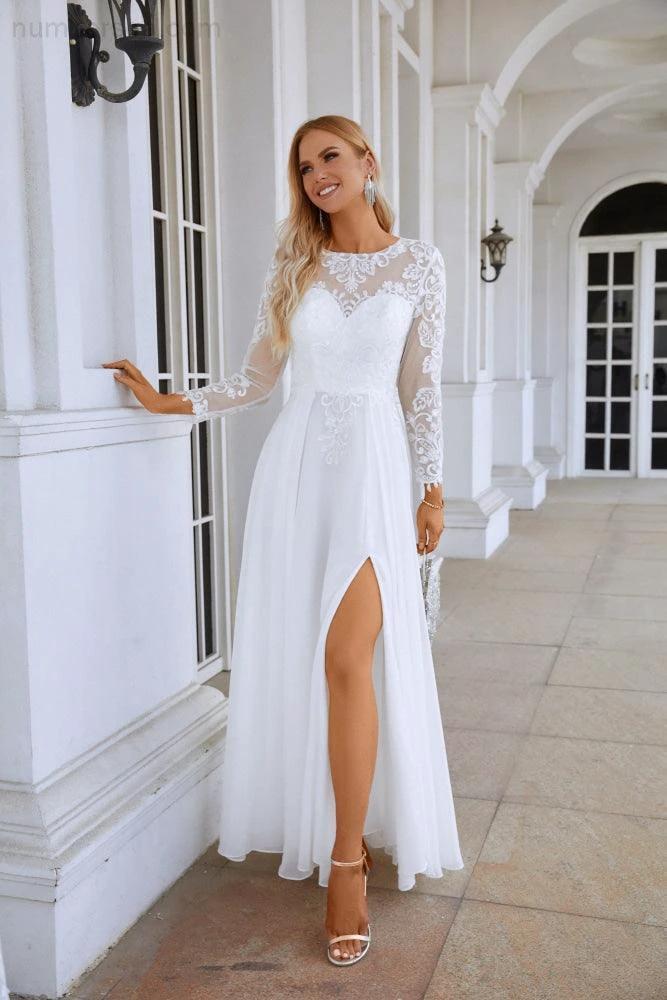 Ladies Round Neck Long Sleeve Front Slit Chiffon Lace Floor Length Bridesmaid Evening Dress Wedding Prom Party Evening Dress 28122 by numbersea